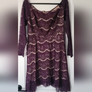 Xhilration Plum Lace Long-Sleeve Off The Shoukder Fit-and-Flare Dress